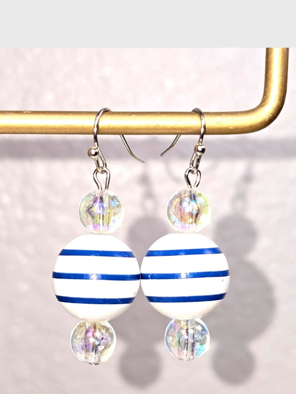 Blue White Stripe Wood Drop Dangling Bohemian Artistic Coastal Nautical Earrings